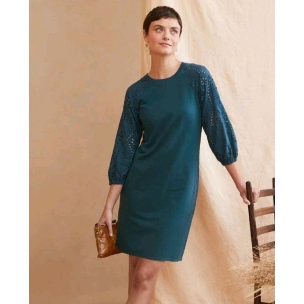 Garnet Hill XL Teal Knit Shift Dress‎ Eyelet Balloon Sleeve Knee Length